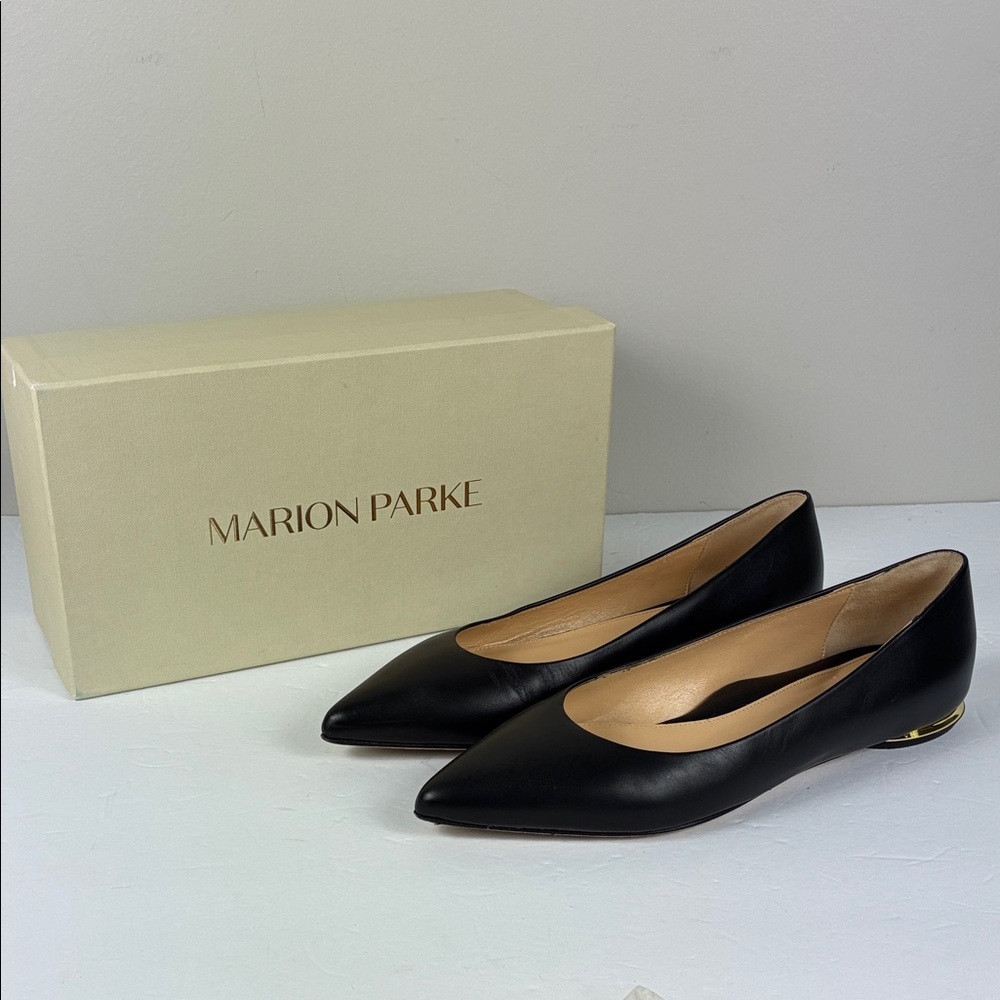 Marion Parke Must Have Flats in Black w Gold Heel Trim Ballerina Leather Luxury